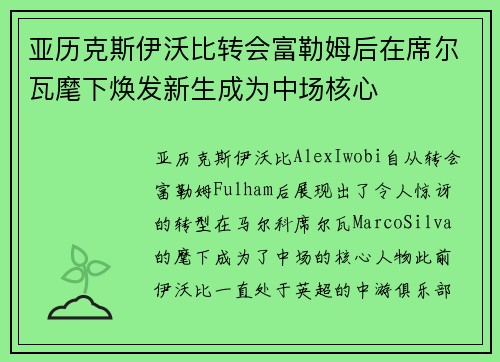 亚历克斯伊沃比转会富勒姆后在席尔瓦麾下焕发新生成为中场核心 亚历克斯伊沃比转会富勒姆后在席尔瓦麾下焕发新生成为中场核心