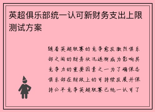 英超俱乐部统一认可新财务支出上限测试方案 英超俱乐部统一认可新财务支出上限测试方案