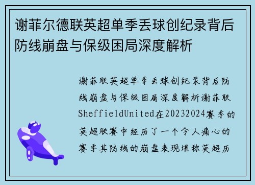 谢菲尔德联英超单季丢球创纪录背后防线崩盘与保级困局深度解析 谢菲尔德联英超单季丢球创纪录背后防线崩盘与保级困局深度解析
